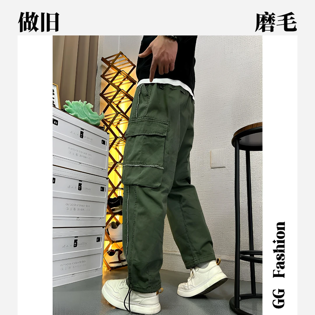 【cityboy】日系高街复古阔腿工装裤男磨毛做旧水洗痞帅九分休闲裤