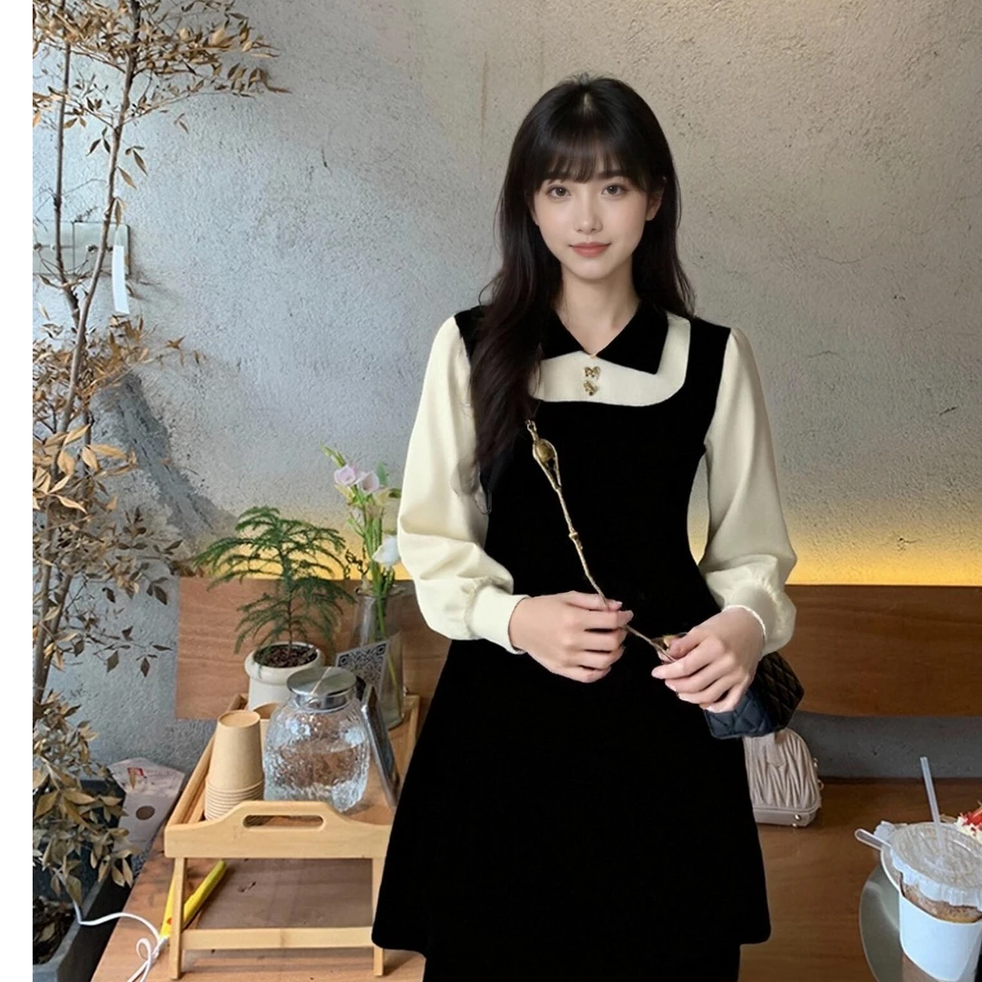 2025唐狮长袖秋季常规小香风连衣裙假两件黑色裙子127427104702