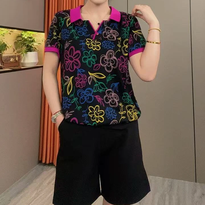 夏季新款时尚洋气翻领宽松显瘦减龄烫钻花中年短袖上衣989