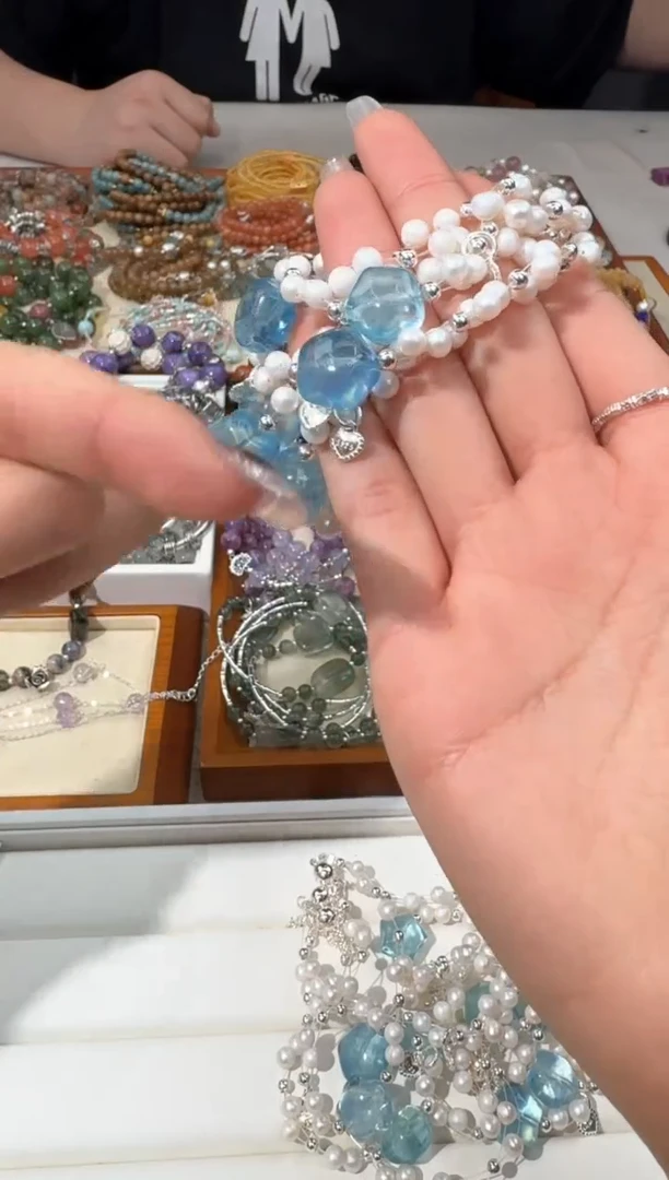 【闪购商品】淡水珍珠手绳银S925镶嵌B007珍珠编织海蓝星星款