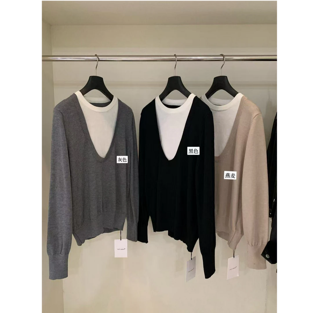 十三行白白家-秋季新款层次感大U领通勤撞色假两件针织衫#99-901