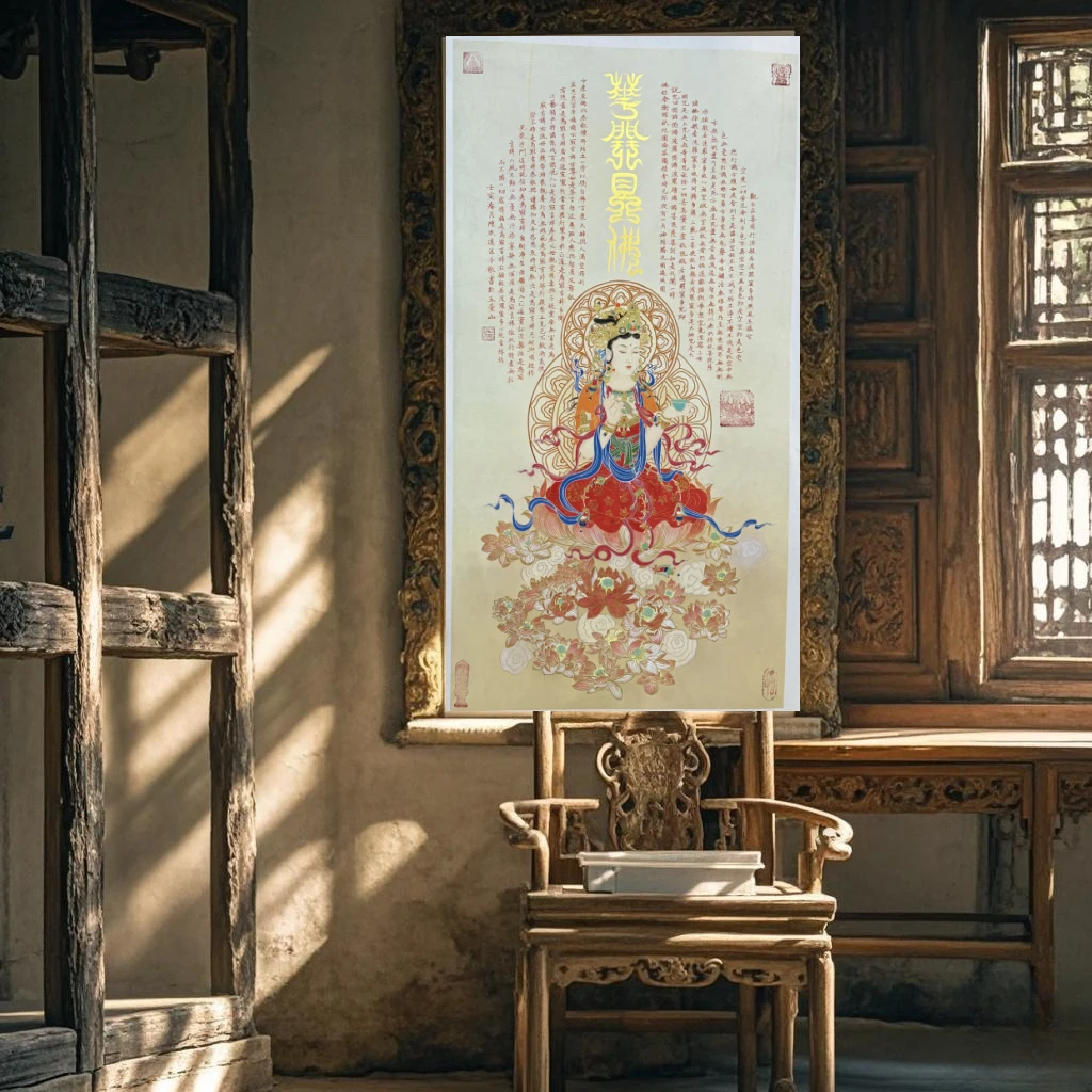 佛画传承《花开见佛观自在》国画