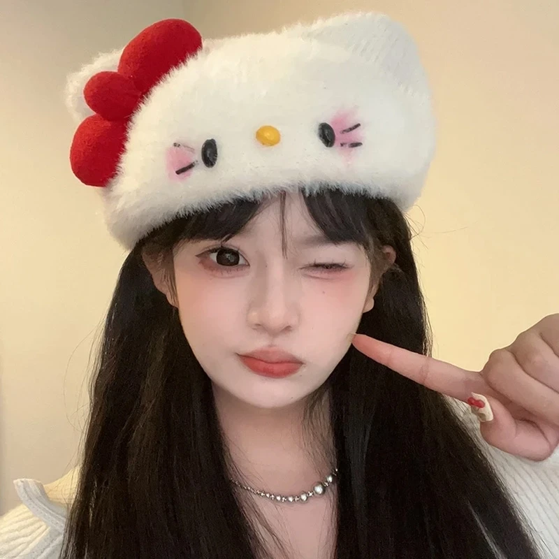 日系软妹蝴蝶结毛绒帽子女可爱甜美秋冬保暖贝雷帽显脸小画家帽
