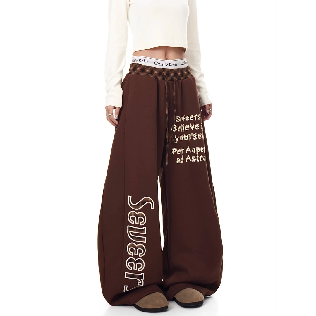 美式复古格纹拼接字母弯刀休闲卫裤女爵士舞运动高街宽松阔腿裤子