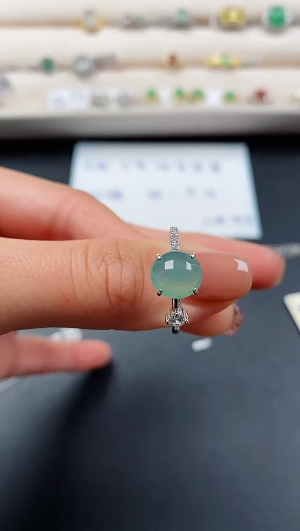 银S925镶嵌戒指翡翠天然缅甸A货翡翠33  3-