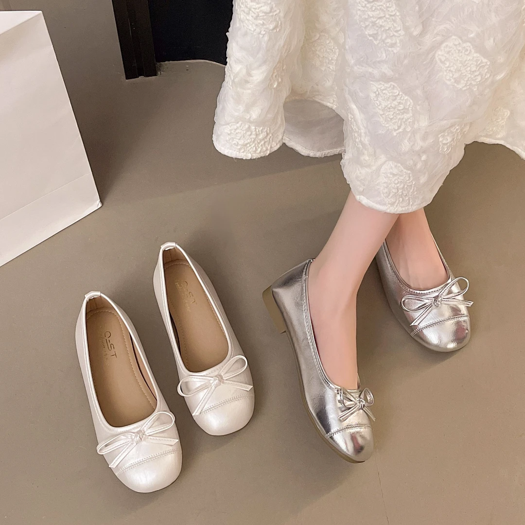 夏天配裙子的鞋子2025年舒适时尚软底浅口轻奢鞋子圆头蝴蝶结单鞋