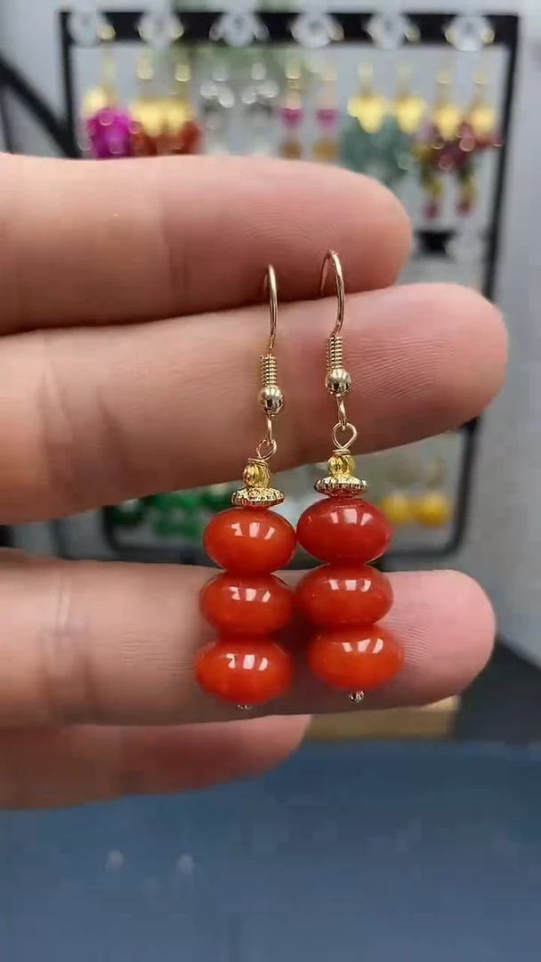 南红玛瑙银S925镀金镶嵌耳饰尺寸10mm算盘珠