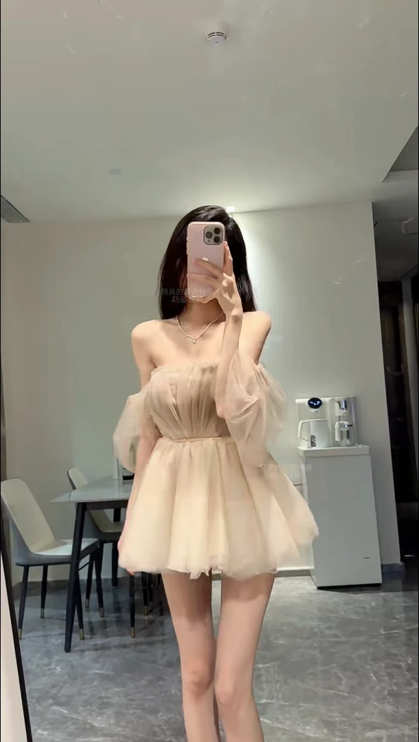 【薄纱月光】渐变网纱抹胸一字肩收腰蓬蓬短裙女2025新款纯欲连衣裙