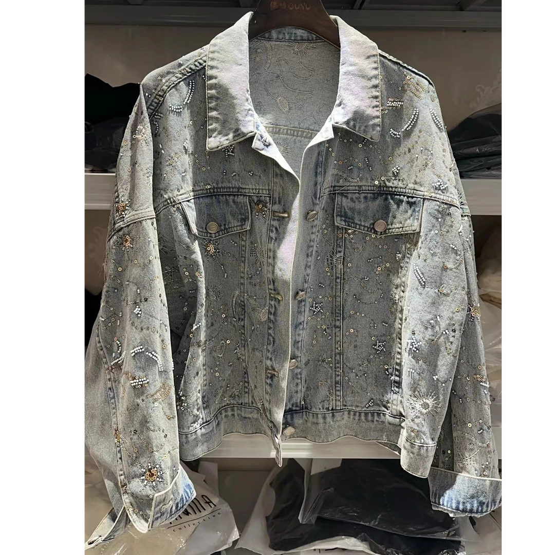 镶钻女春季短款牛仔外套宽松型重工设计感短外套