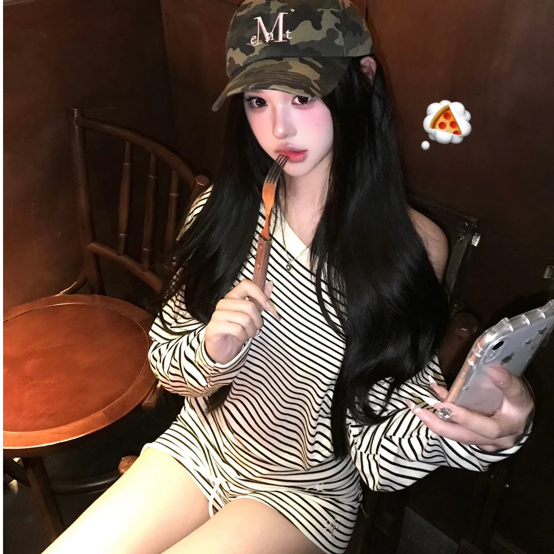 2025早秋新款时尚套装气质显瘦条纹时尚长袖上衣性感辣妹短裤