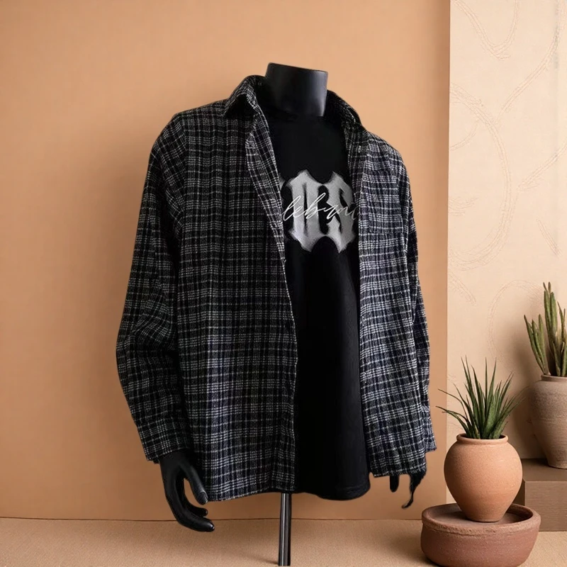 .春秋季新款黑色格子衬衫男长袖cleanfit美式复古薄款休闲外套.