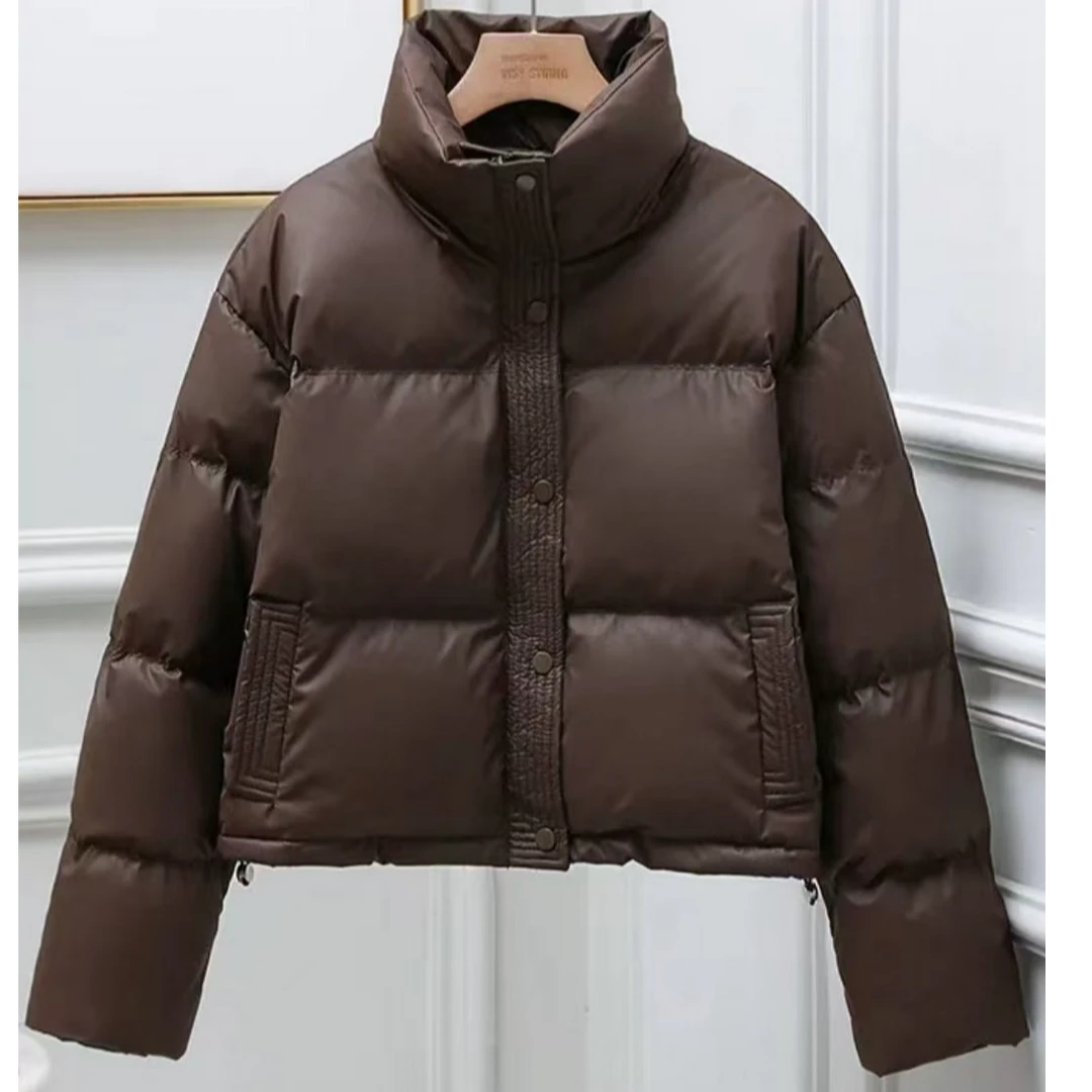 2024冬季新款百搭免洗pu棉服短款气质加厚休闲宽松纯色秋冬立领