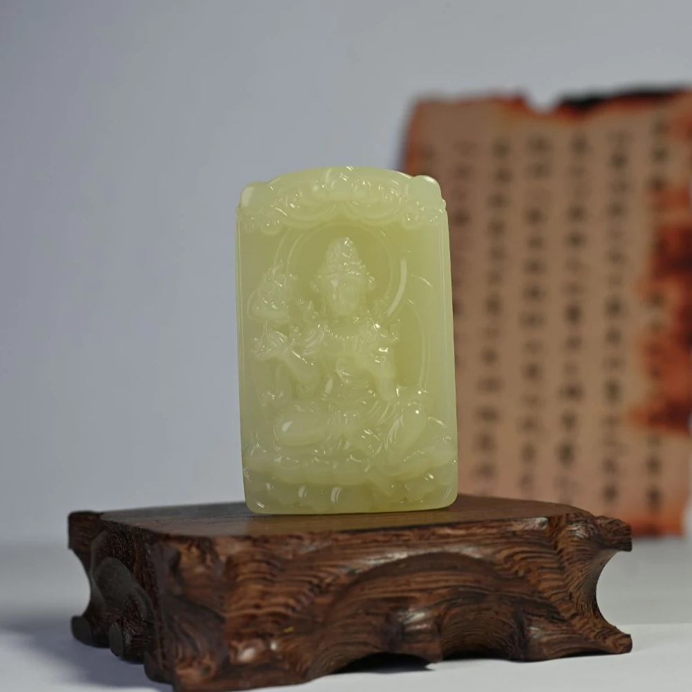 【人之初臻品】高品质毕业级新疆和田玉若羌黄口料精雕观音男士吊坠