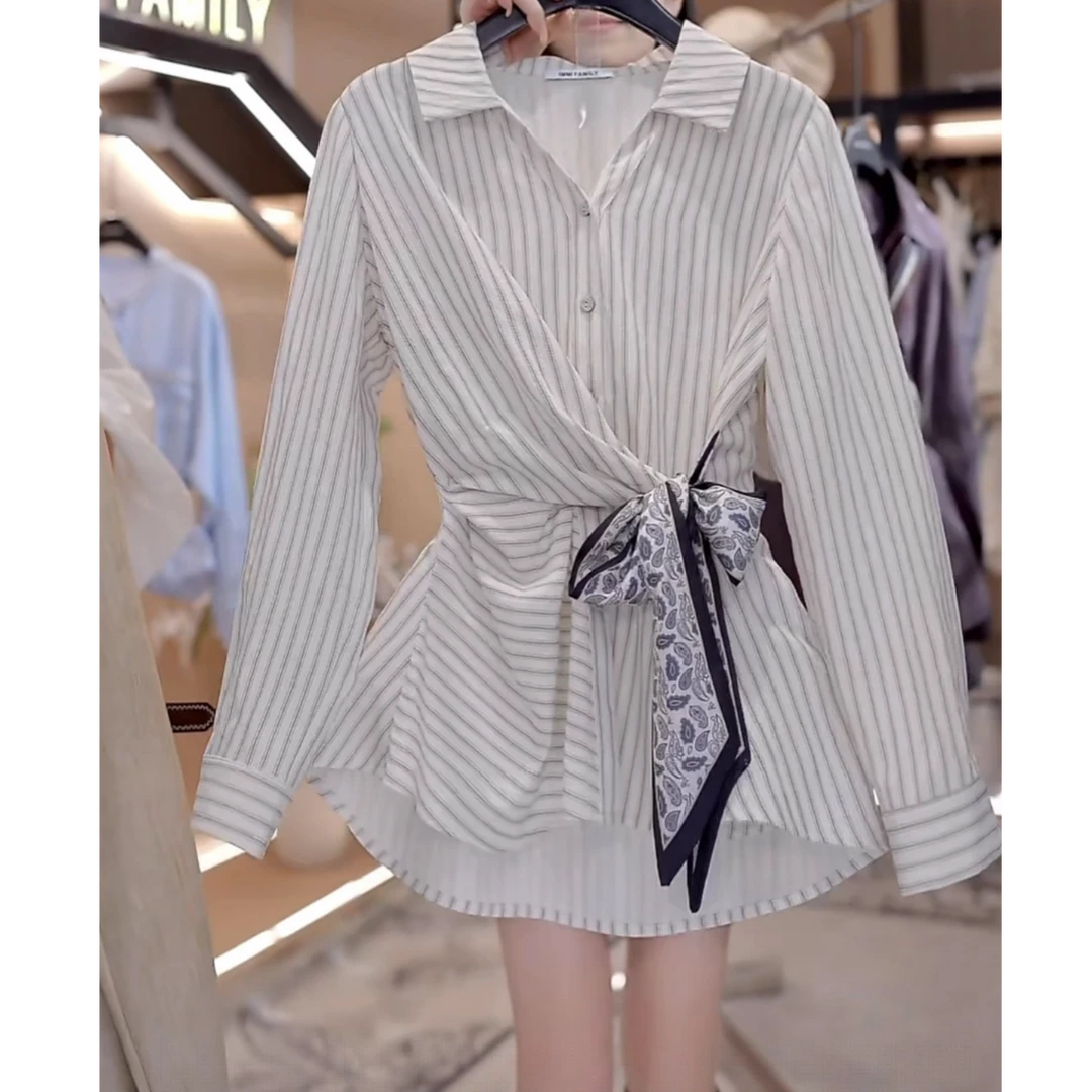 法式chic风长袖丝巾绑带显瘦衬衫2025撞色条纹高智感穿搭V领上衣