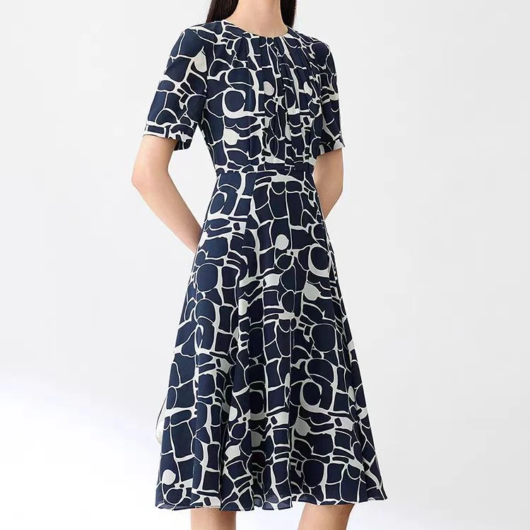 JP 7519夏季新款气质法式短袖印花连衣裙