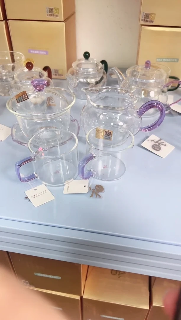 禾器禅语盖碗浅紫色加纳福茶海浅紫色加清禾对杯浅紫色