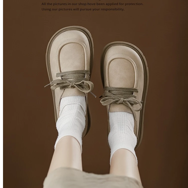 2025新款法式复古厚底圆头单鞋女英伦风平底单鞋系带小皮鞋女学生