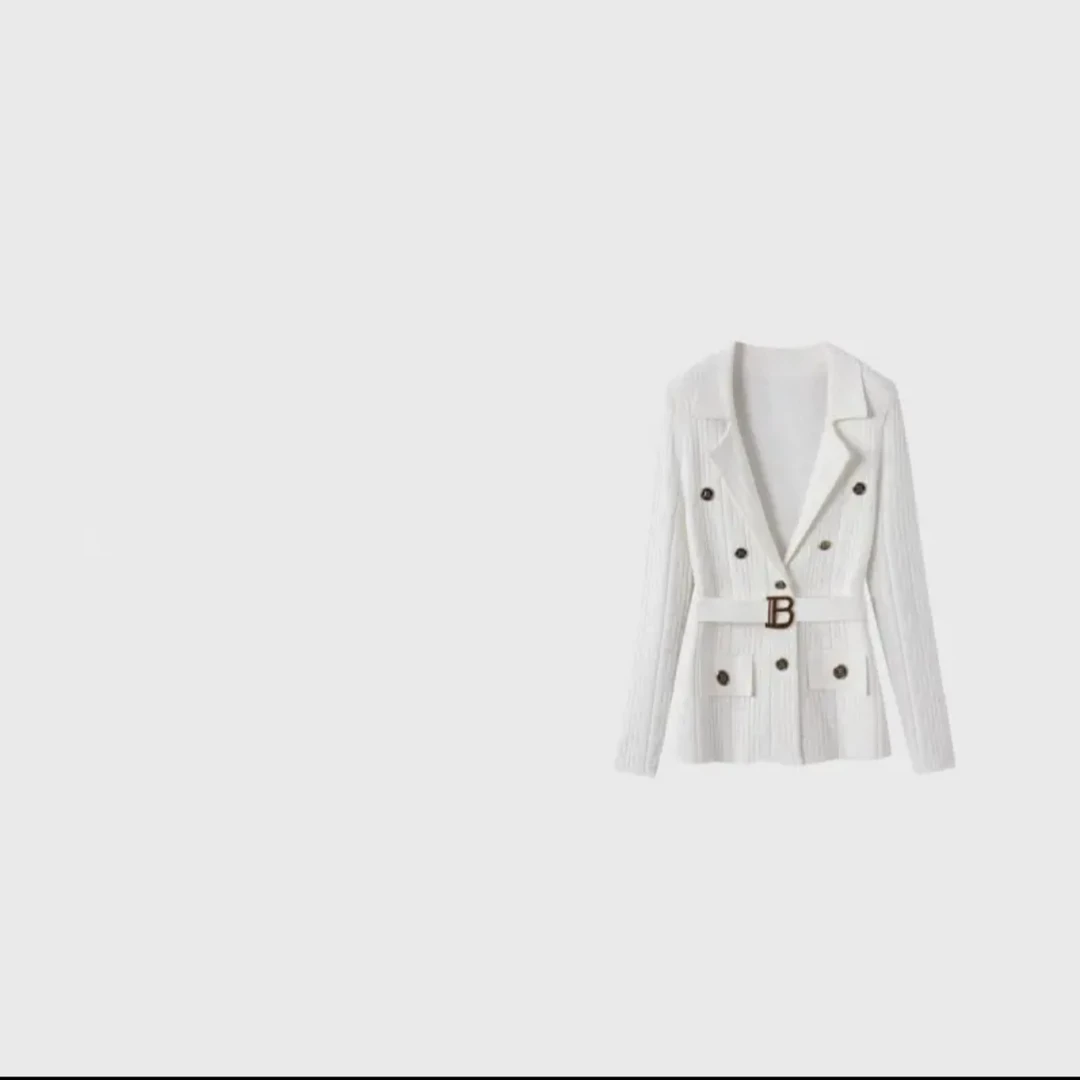 T·Z*44白色腰带款时尚名媛西装领华夫格微宽松针织款式外套-1147