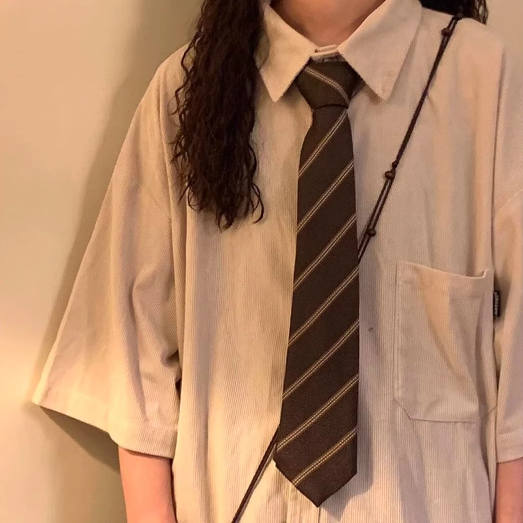 咖啡条纹领带复古棕色手打领带男jk日系学院风百搭休闲懒人领带女