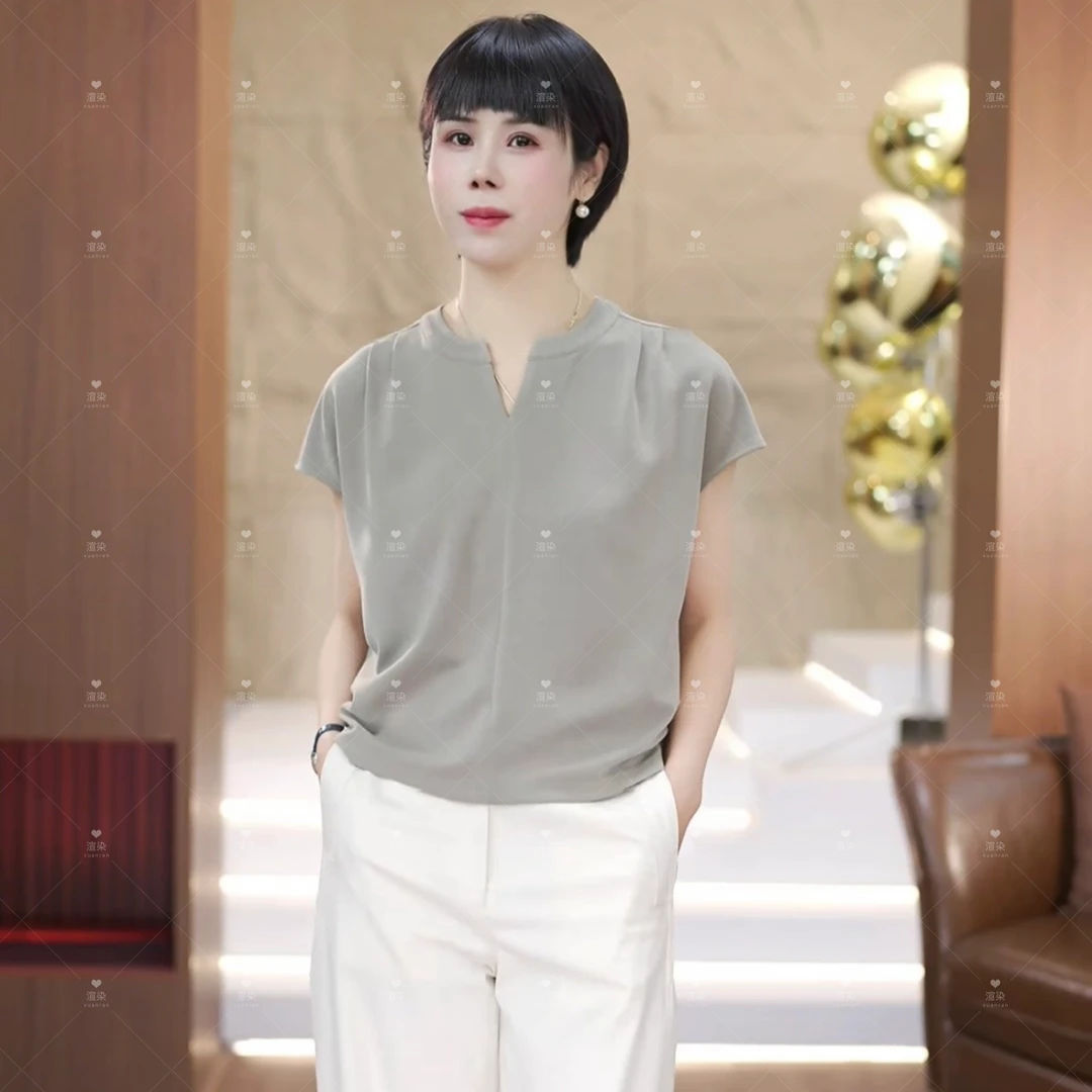 【渲渲推荐】ZY-1085夏季简约休闲减龄V领小衫