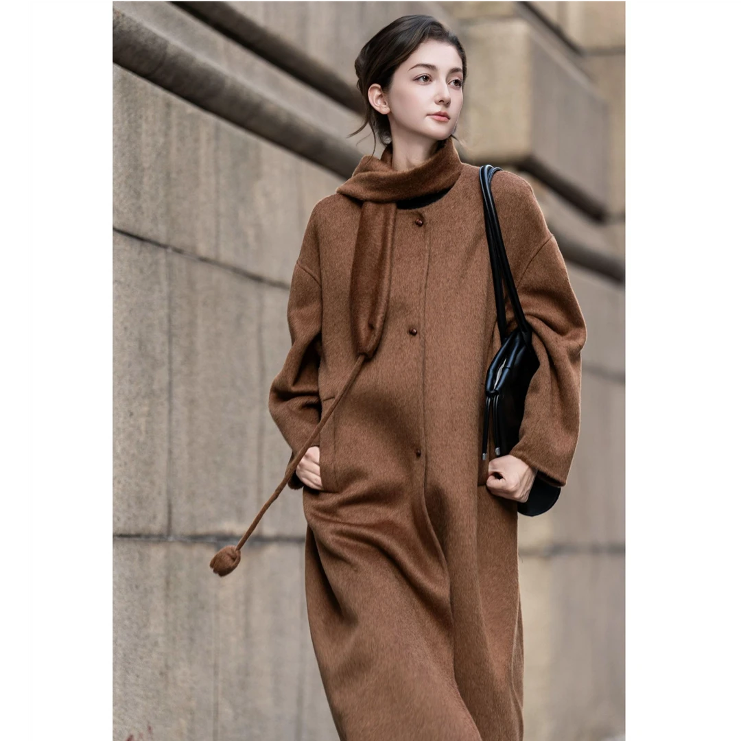 韩系大牌定制】长款骆驼绒+桑蚕丝羊毛呢大衣女秋冬季时尚宽松百搭
