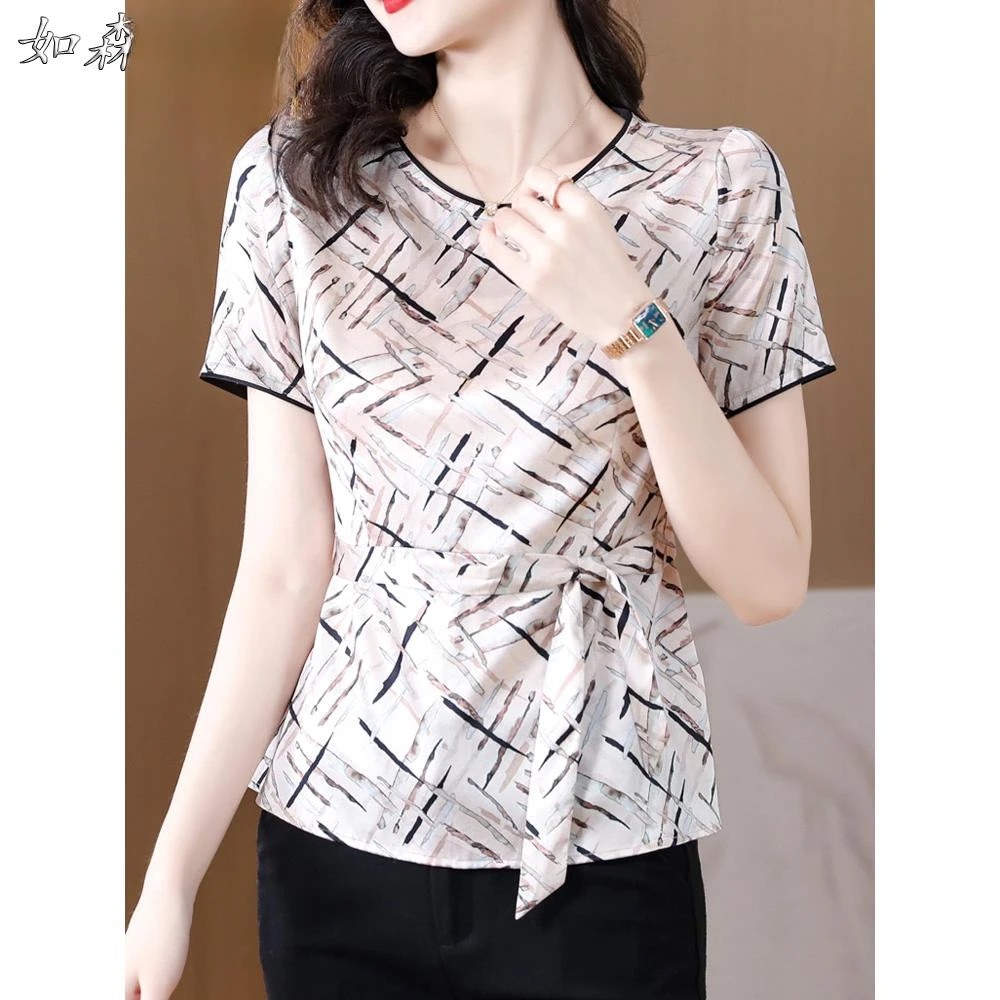 时尚洋气气质短袖t恤女夏季2025新款上衣妈妈时尚收腰半袖小衫