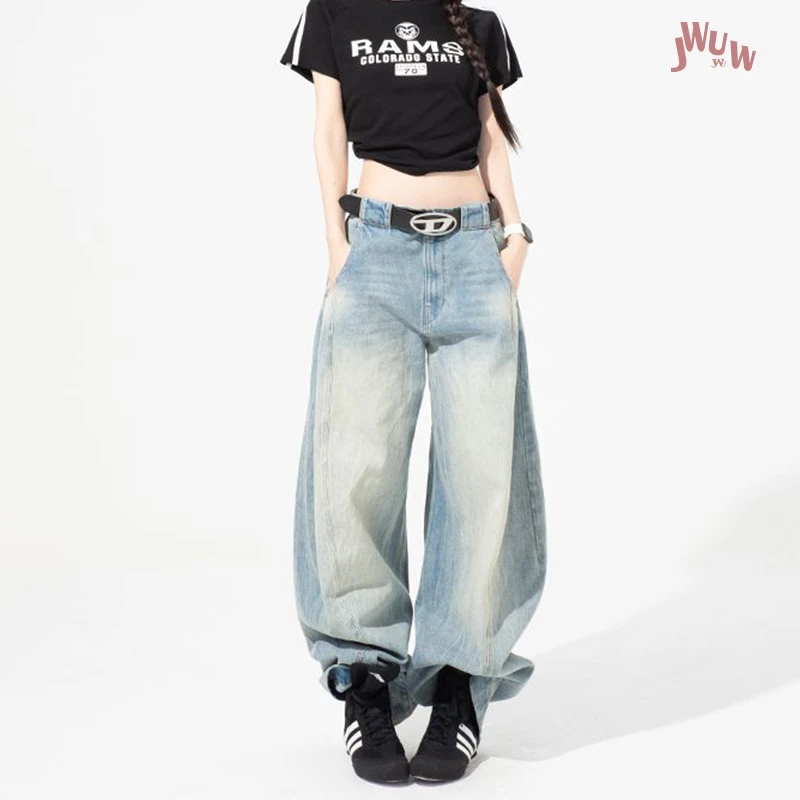JWUW秋季美式复古水洗弯刀牛仔裤女灯泡宽松垂感拖地长裤子