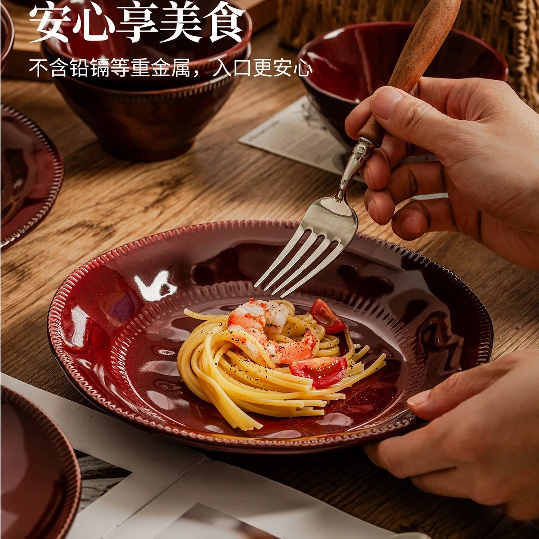 窑变红深盘复古陶瓷盘圆形加厚陶瓷菜盘家用餐盘陶瓷盘子西餐盘