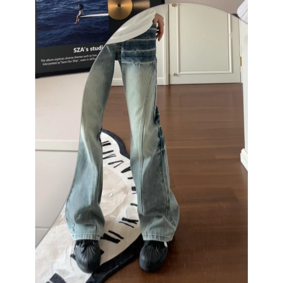 美式水洗蓝闪电纹微喇牛仔裤男款春秋季cleanfit潮牌帅气修身裤子