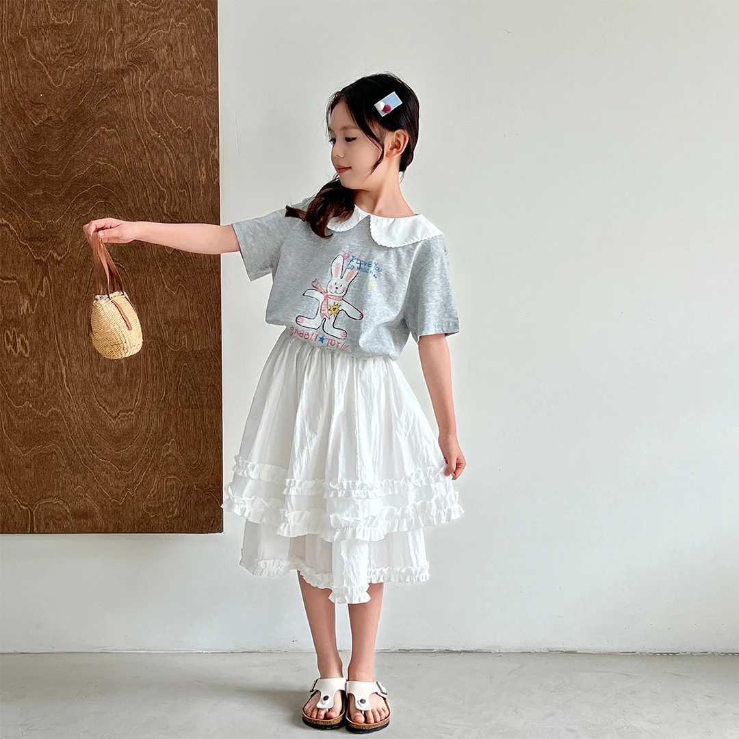 现货【爱心兔】95棉夏装5117女童百搭短袖娃娃领卡通T恤圆领上衣