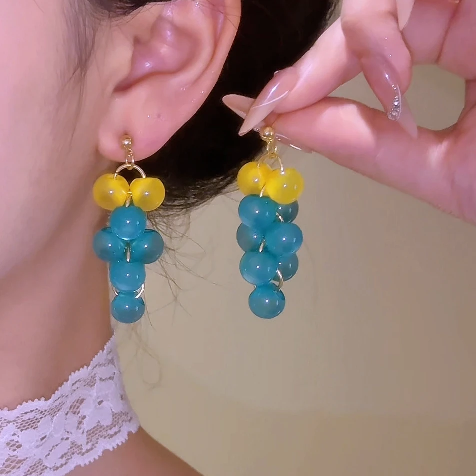 合金耳饰 甜美夏日多色葡萄串耳环撞色多巴胺长款小众假日风耳环