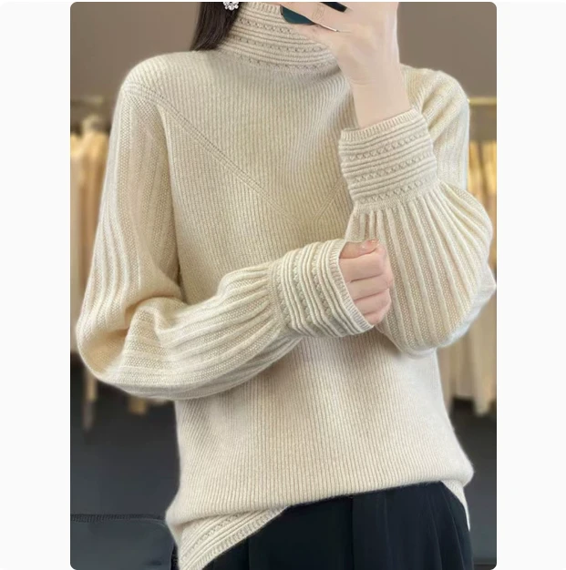 加厚半高领灯笼袖针织打底衫女长袖