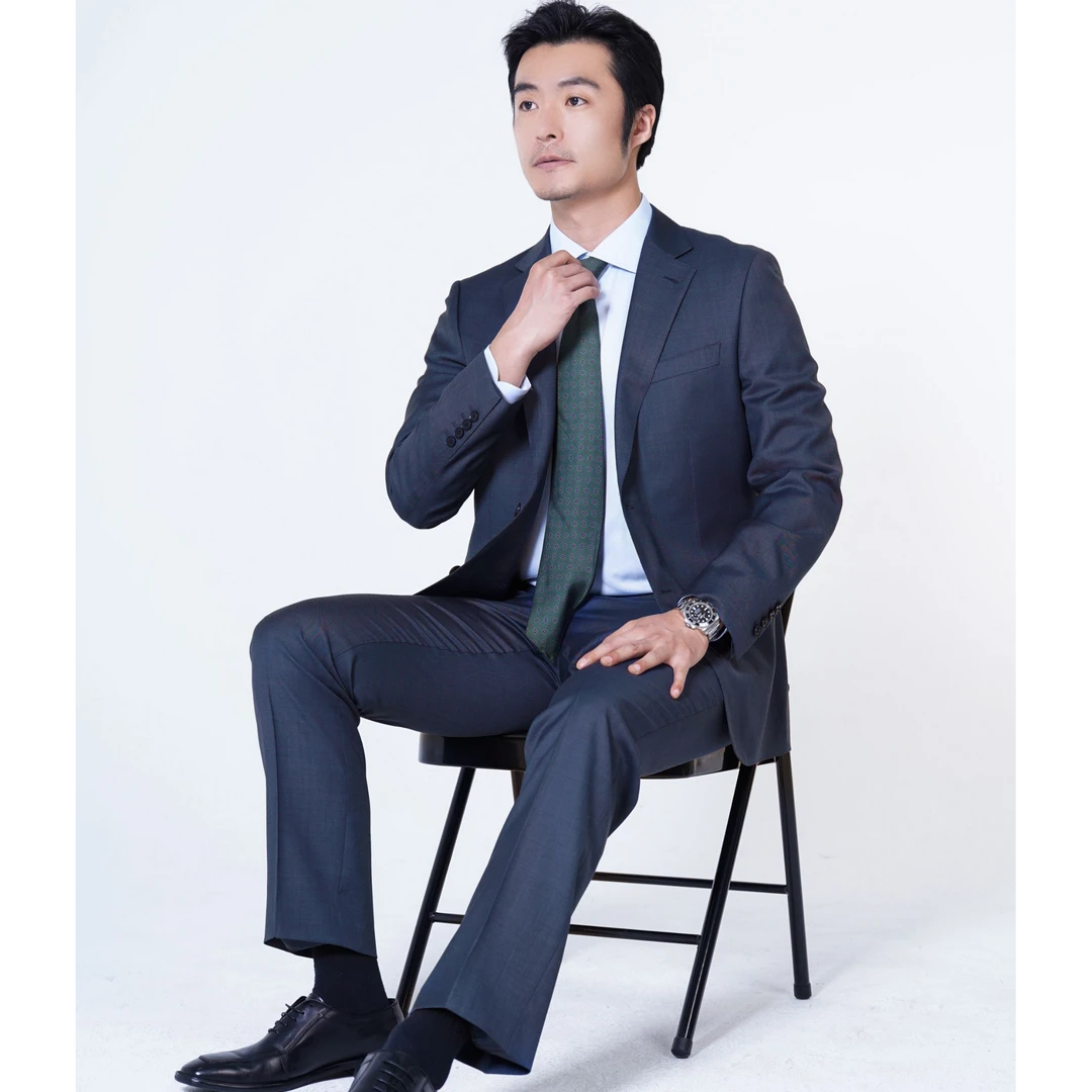 禧订半麻衬100%羊毛深蓝平驳领男士西服套装商务休闲