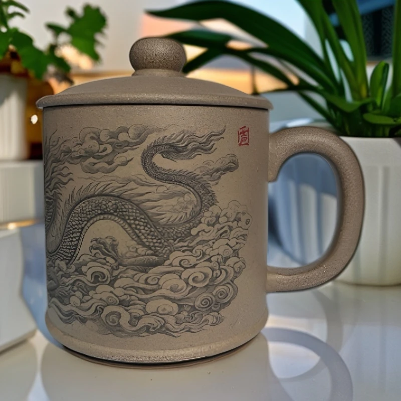 宜兴原矿紫砂纯手工高档蟹壳青龙腾四海盖杯大容量刻字全手工