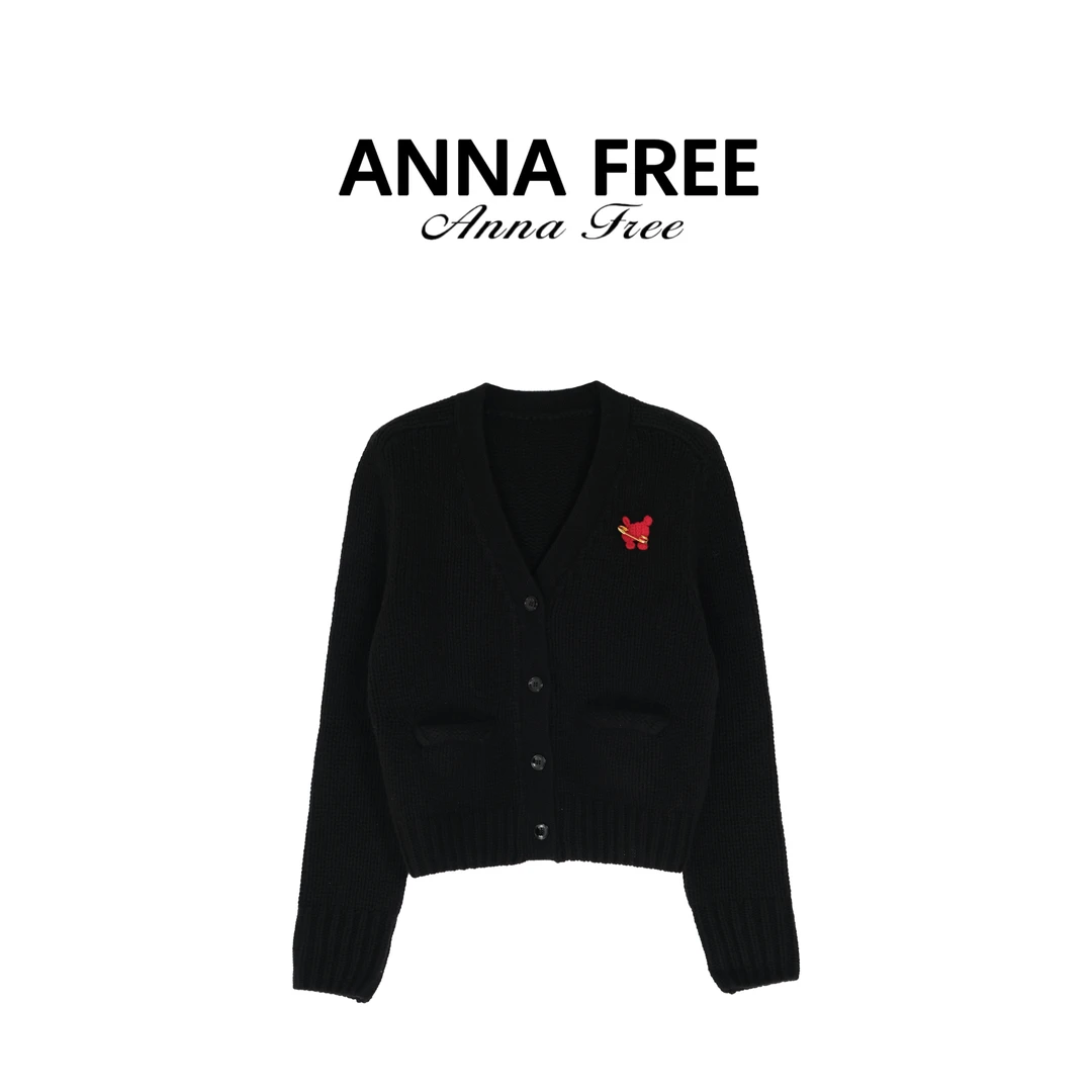 ANNA FREE 羊毛针织开衫外套女长袖别针徽章短款百搭毛衣Z8807
