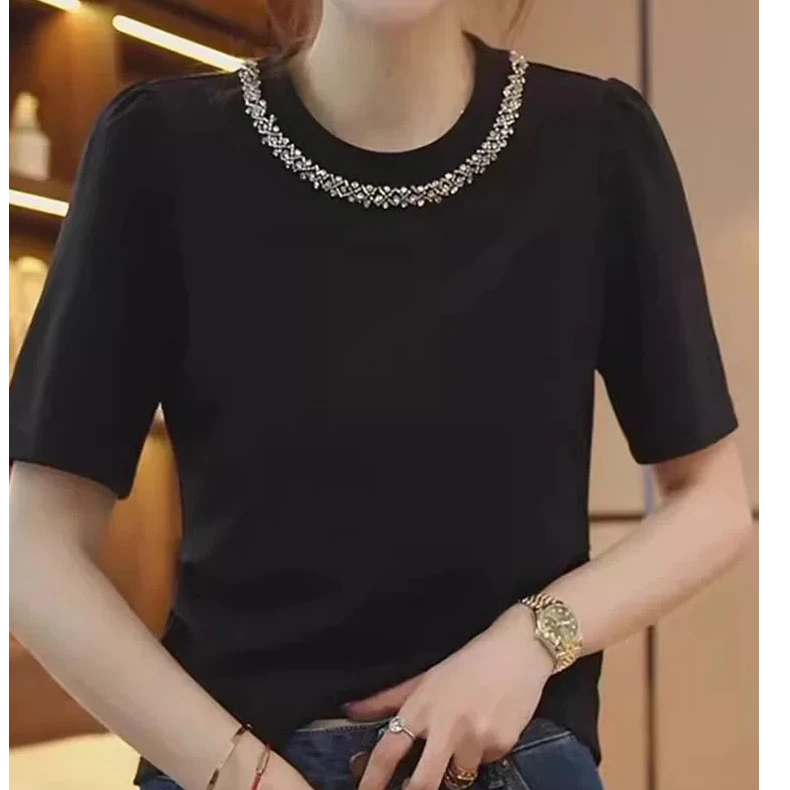夏季纯黑色珍珠领边短袖时尚百搭