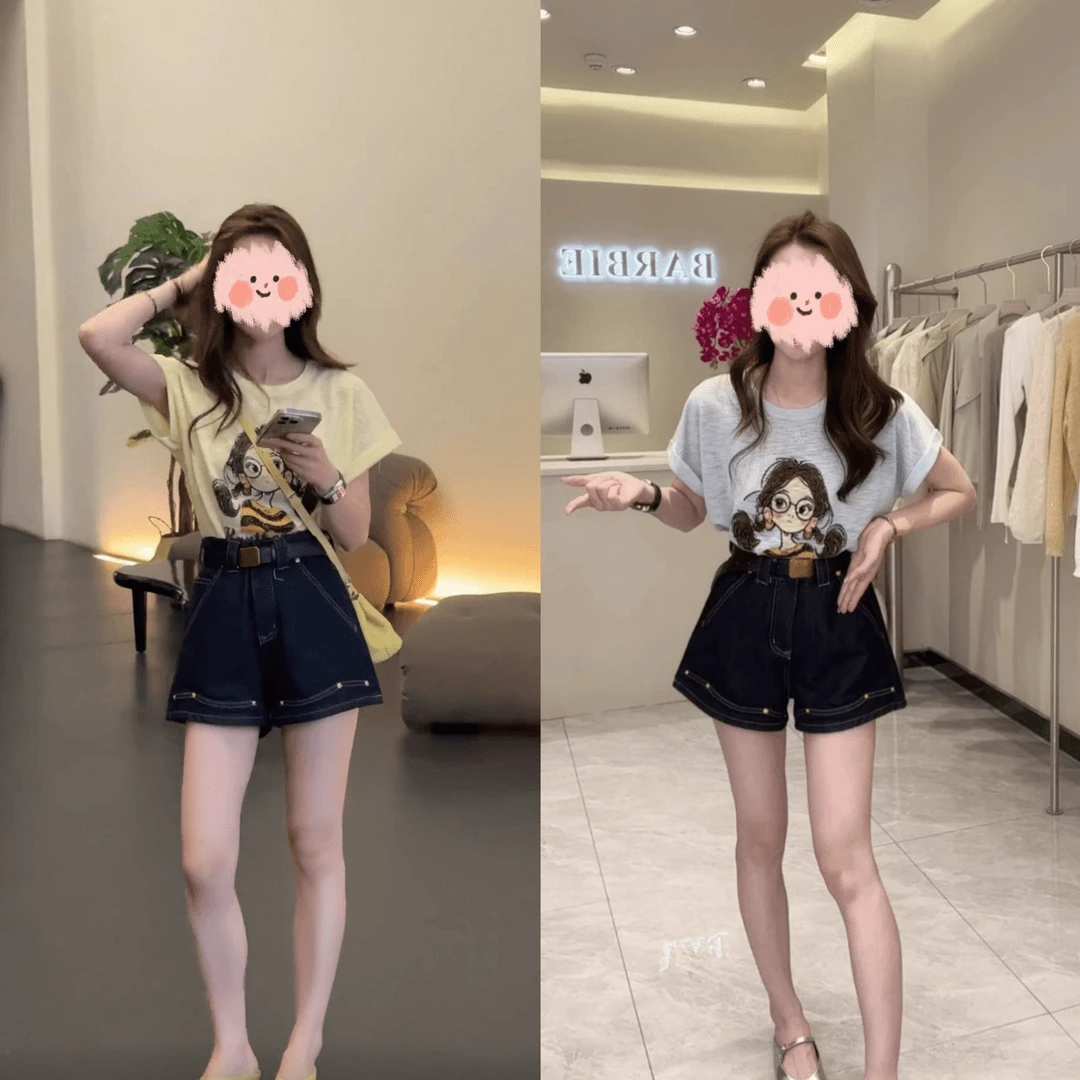 夏季时尚简约休闲洋气减龄图案防晒短袖+韩版高腰A字牛仔短裤套装