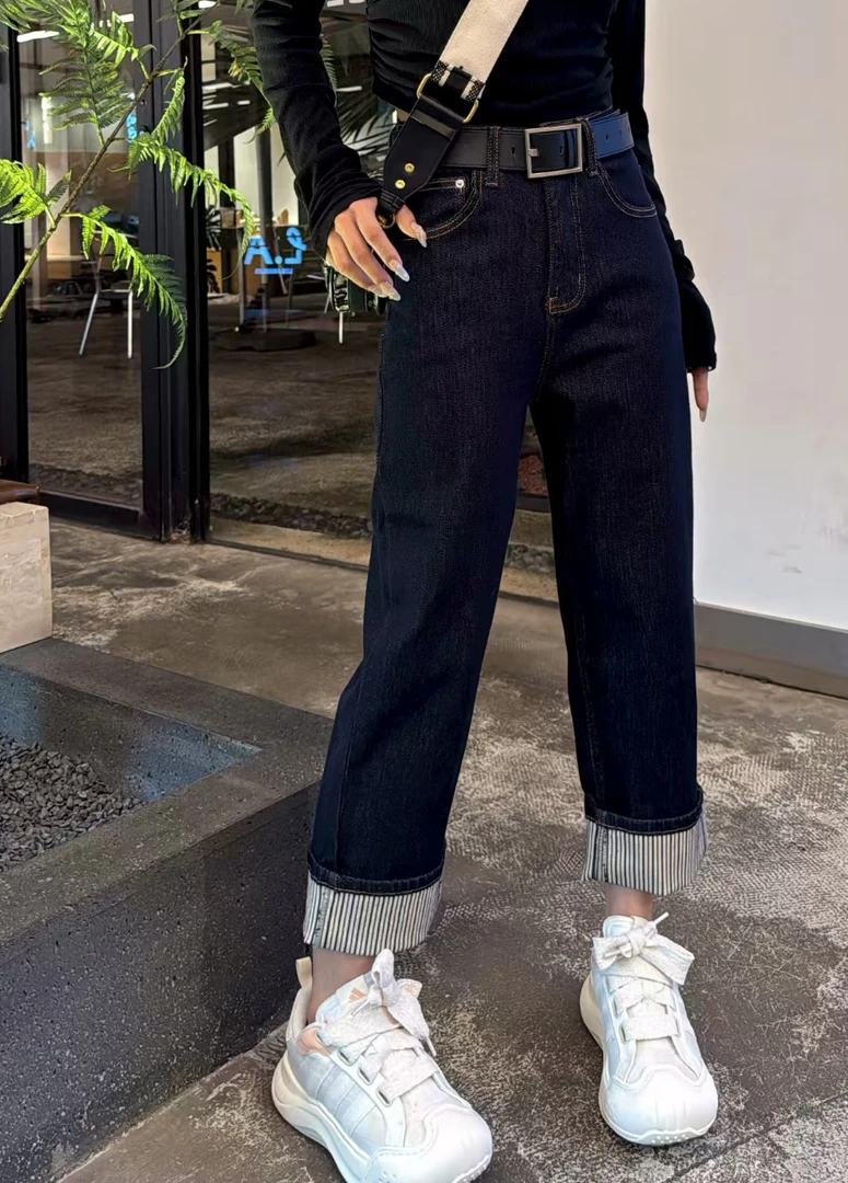 【二婷推荐】25年秋季心坎时尚百搭条纹裤腿牛仔裤9A2007