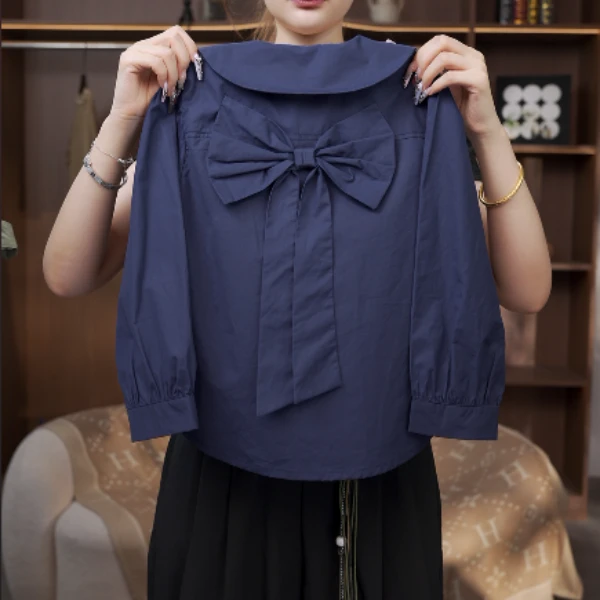 【有木】秋季新品女童衬衫休闲复古设计感蝴蝶结纯色春秋长袖衬衫