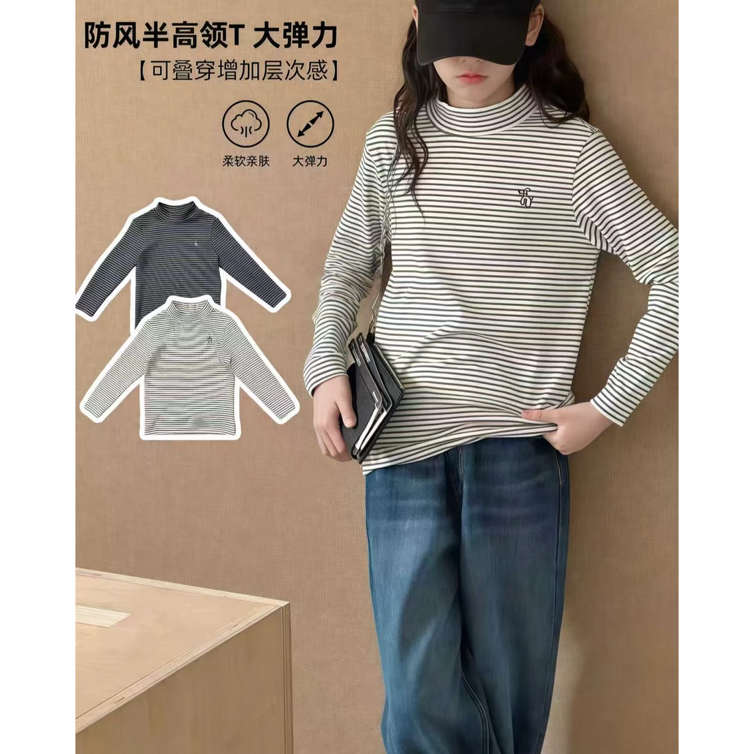2025秋『条纹德绒2.0』儿童洋气条纹图案休闲百搭时尚打底衫55511