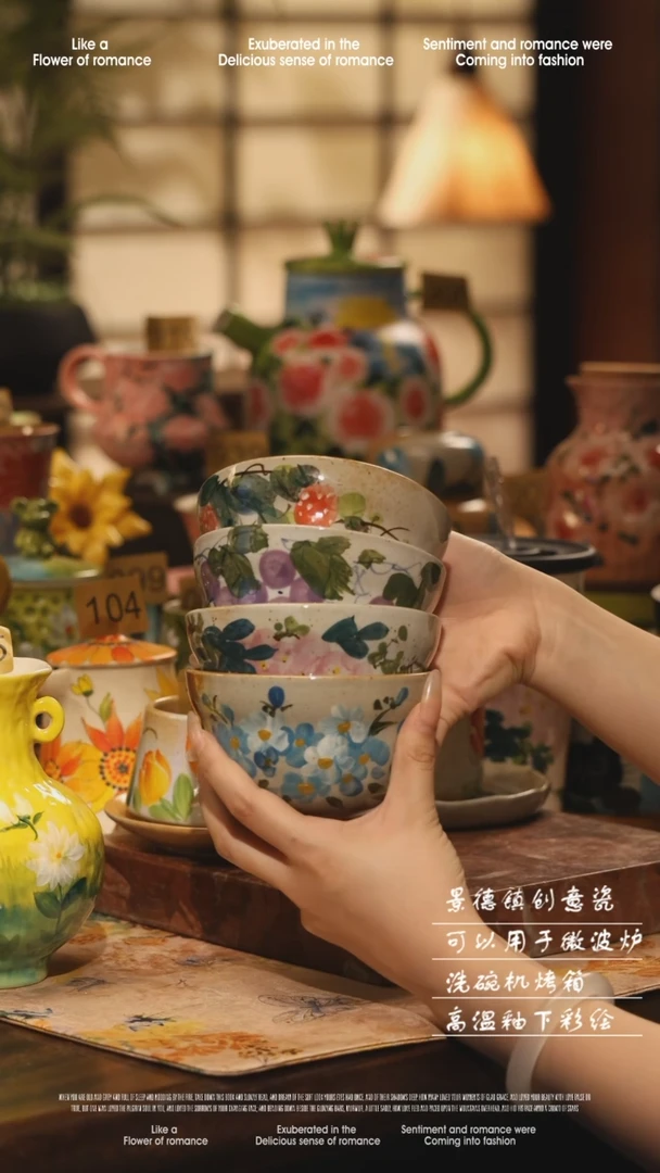 陶瓷四件套景德镇高温手绘釉下彩设计师款式