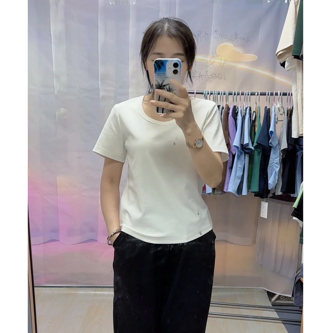 小个子纯色方领正肩修身显瘦夏短袖新款露锁骨休闲凉感女t恤676