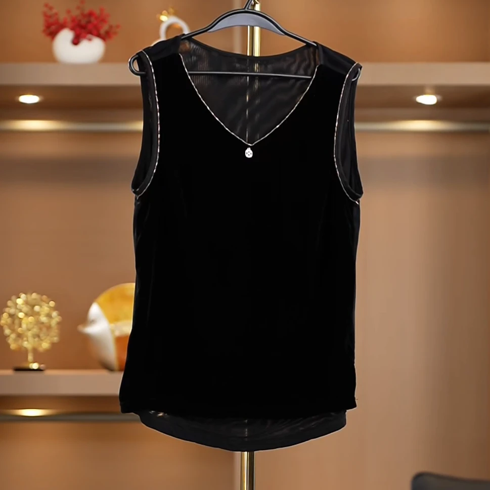 背心吊带修身型宽松型桑蚕丝丝绒休闲风黑色宽松纯色无袖修身复古