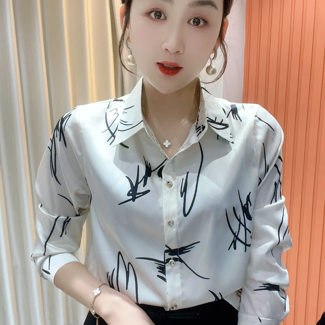 鑫坷春装衬衫领印花显瘦时尚洋气百搭长袖打底小衫上衣女045
