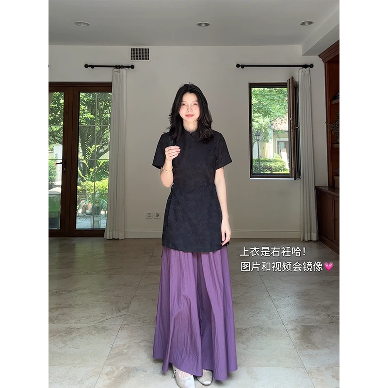 郭九九呢 新中式国风收腰显瘦盘扣上衣高腰宽松阔腿裤 G925A05645