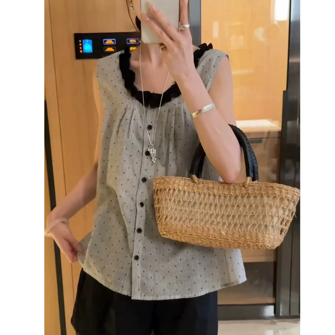 花边波点衬衫女夏季新款时尚减龄百搭宽松显瘦休闲无袖上衣9658