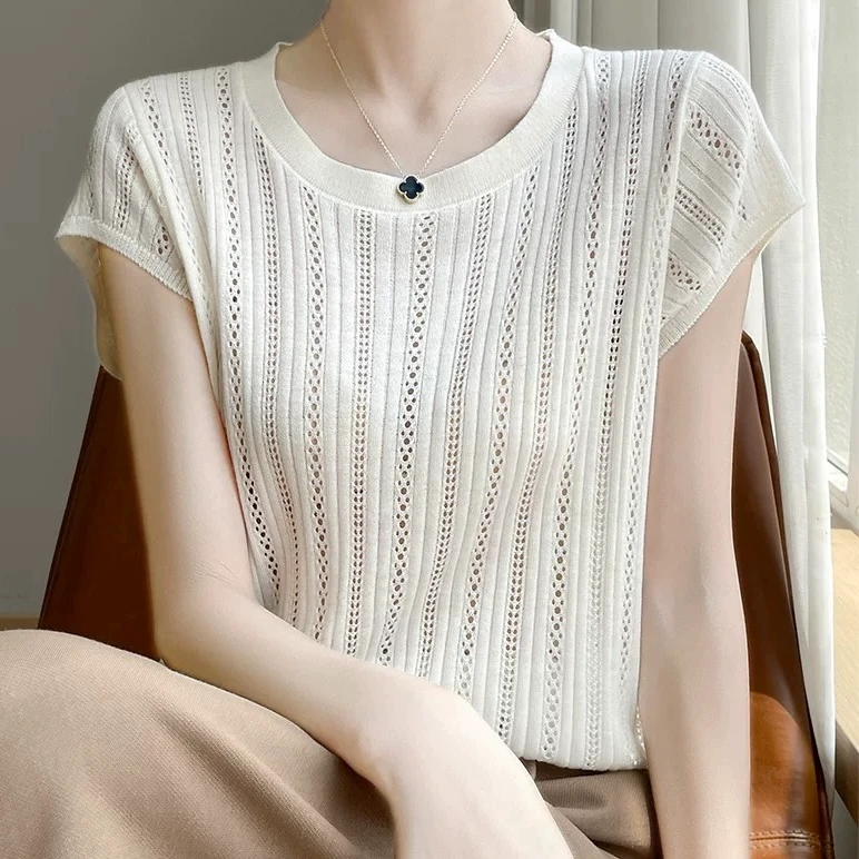 静姐服饰2025新款高智淡人时尚减龄圆领竖条短袖薄款针织衫8863
