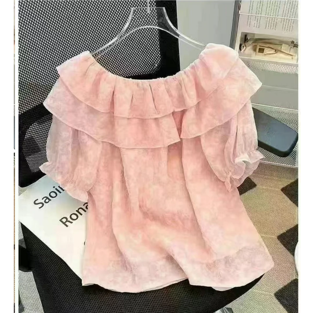 荷叶边修身型夏季荷叶领通勤衬衫夏装宽松雪纺衫法式蓝绮儿6667