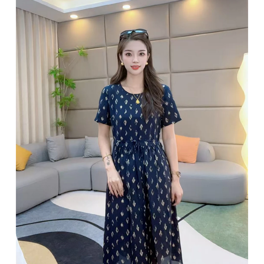 马洛克《雯雯心选》单层圆领菱形休闲桑蚕丝连衣裙《80216》