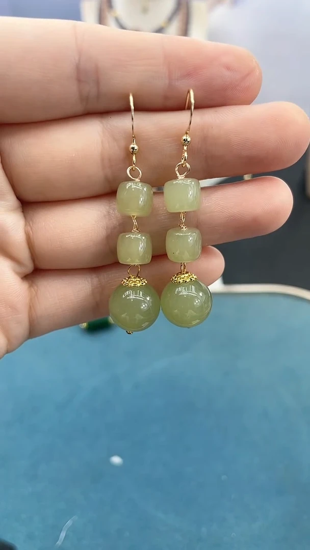 和田玉14K金镶嵌耳饰12mm*晴水三珠